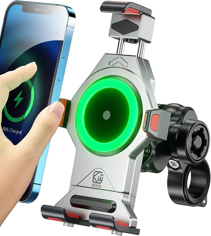 BRCOVAN Motorcycle Phone Mount with Qi 15W Wireless Charger & Vibration Dampener, Aluminum Alloy Anti-Theft Waterproof Motorcycle Handlebar Cellphone Holder, Adjustable Fit 4.7''-7.2'' Smartphones