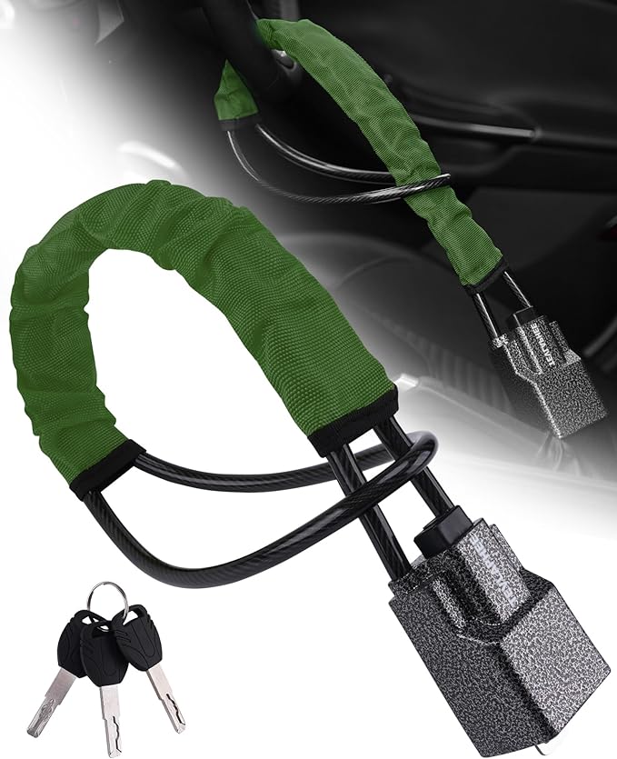 Tevlaphee Steering Wheel Lock Seat Belt Lock Universal Anti Theft Car Device Car Lock Car Theft Prevention with 3 Keys for Car Security Fit Most Vehicles Truck SUV Van (Green)