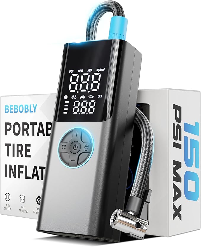 Tire Inflator Portable Air Compressor - 4X Faster & 150PSI Tire Pump For Car Moto Bike Ball - Auto Shut-Off - Fast Charge Power Bank - LED Night Light - Elderly Friendly