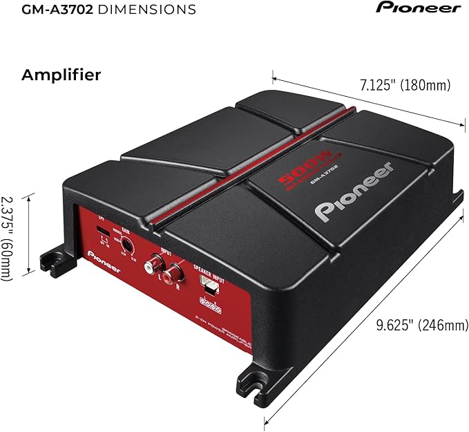 Pioneer GM-A3702 2-Channel Car Amplifier – 500W Max, Class AB, Bridgeable Design, Automatic Signal Sensing and Turn-on, Built-in high-/Low-Pass Filter