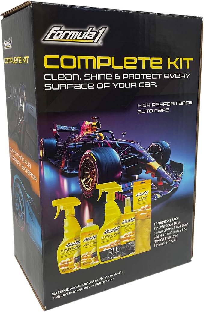 Formula 1 Complete Car Detailing Kit - Clean & Protect Every Surface, Includes Car Wash and Wax, Wheel Cleaner, Interior Spray and Microfiber Towel (5 Piece Bundle)