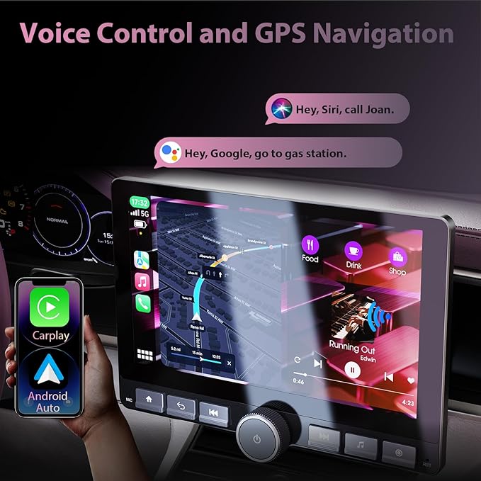 10.1" 360° Rotatable Touchscreen Car Stereo with Wireless Apple CarPlay & Android Auto, Features GPS Navigation, DSP Hi-Fi Sound, Voice Control, Backup Camera,1080P Support & APK Management