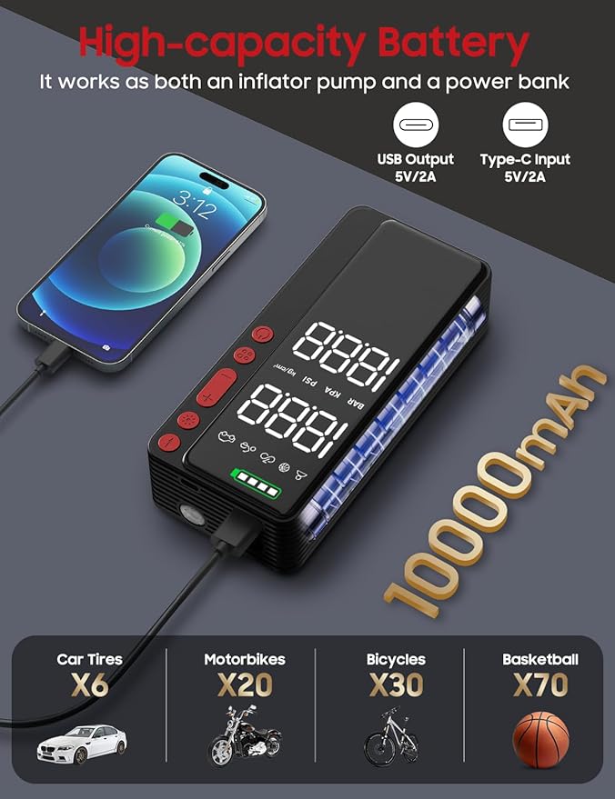 Tire Inflator Portable Air Compressor, 10000mAH&150PSI Smart APP Cordless Air Pump For Car Tires, Built-in Accessories Storage, Bike Pump with Digital Gauge&LED Light for Motorcycle, Ball