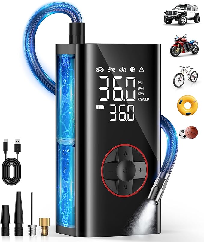 Tire Inflator Portable Air Compressor - 150PSI Cordless Air Pump for Car Tires, Portable Tire Inflator for Cars with Pressure Gauge, Tire Pump for Bike, Motorcycle, Auto Shut-off