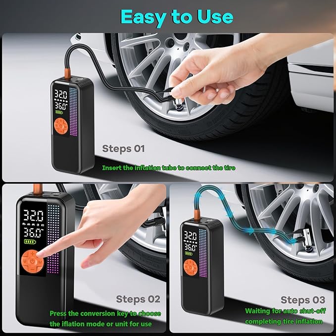 Portable Tire Inflator Air Compressor, 150 PSI Cordless Air Pump, 6000mAh Battery & 12V Car Outlet, Digital Pressure Gauge, Auto Shut-Off, Fast 24L/Min, LED Light, 4 Preset Modes for Car, Bike, Balls