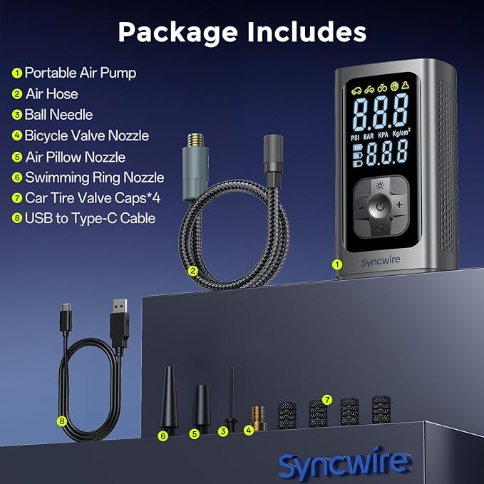 Syncwire Tire Inflator Portable Air Compressor - 150PSI 2X Faster Inflation Smart Air Pump for Car Tires [Extra-Large LCD] with Digital Pressure Gauge, Auto Shut-Off for Car, Motorcycle, Bike & Balls