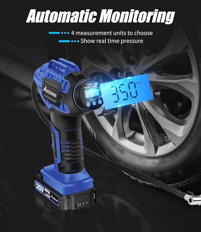 AVID POWER Tire Inflator Portable Air Compressor,20V Cordless Tire Pump, Rechargeable Air Pump for Car Tires and other Inflatables (Blue)
