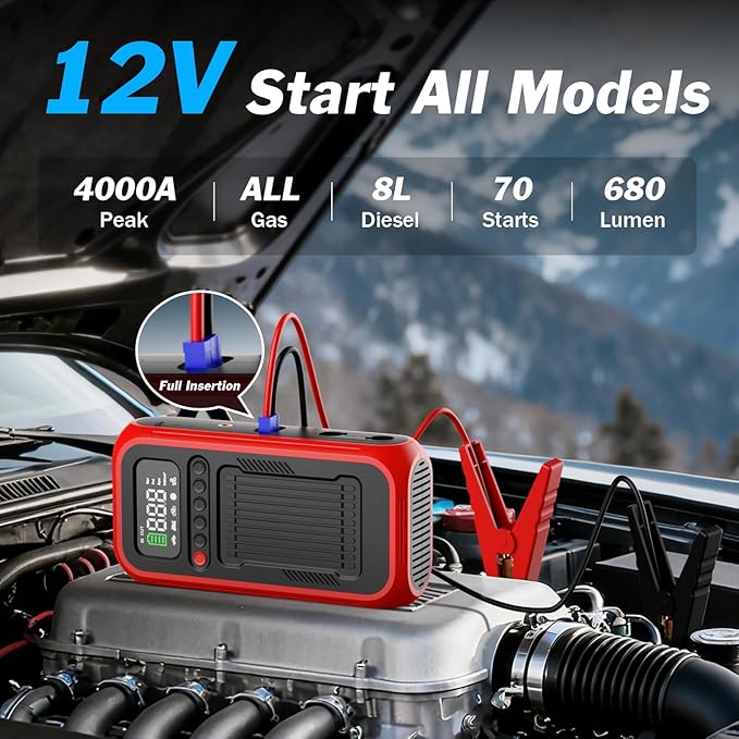 Tire Inflator Portable Air Compressor, 12V Car Jump Starter, 150PSI & 28000mAh Air Pump with Air Blower, Digital Pressure Gauge and LED Light, Electric Air Pump for Car, Motorcycle, Balls, Bike Pump