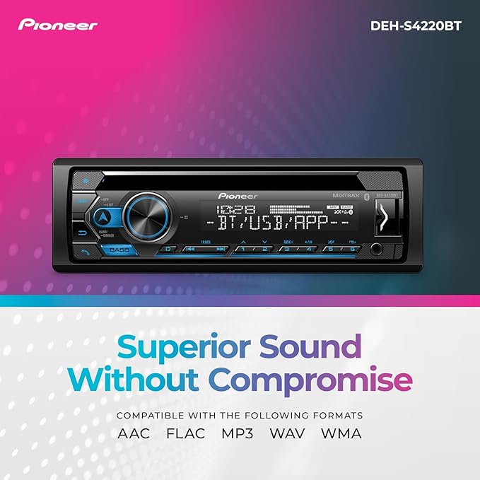 Pioneer DEH-S4220BT 1-Din CD Receiver – Bluetooth, USB/AUX, Color Change, FLAC, AM/FM Radio, Detachable Face, 50W x 4, Voice Control, Hi-Volt RCA Preouts