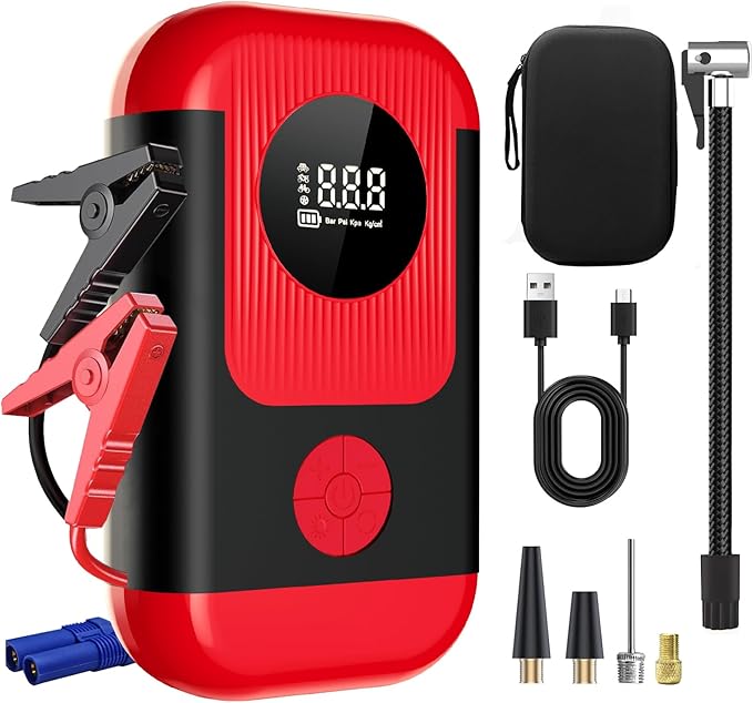Tire Inflator Portable Air Compressor & Car Jump Starter, Cordless Air Pump with LED Light & Pressure Gauge for Auto,Motorcycles,Bikes,Balls, Emergency Battery Booster & Phone Charger,150PSI