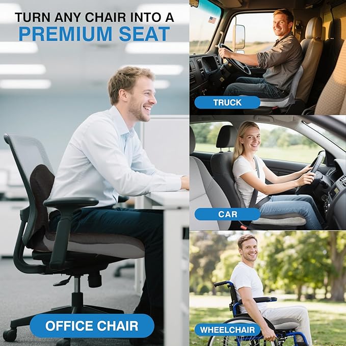 Premium Car Cushions for Driving – Versatile Seat Cushion for Truck Driver& Office Chair, Memory Foam Driver Seat Cushion with Back Support & Non-Slip Base，with Adjustable Strap