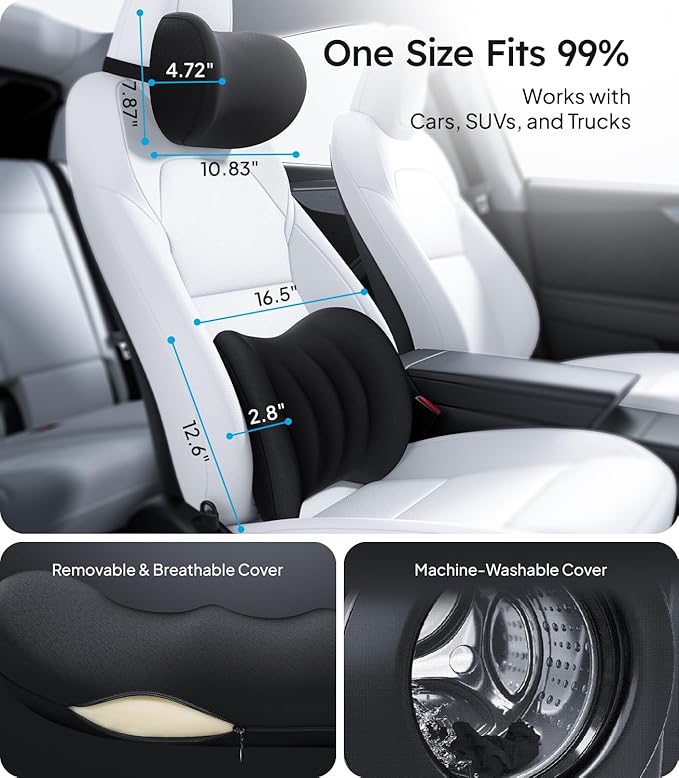 Wigoo 2025 Car Neck Pillow and Lumbar Support Pillow for Car Kit [Ergonomic Design, Pressure Relief] Soft Car Headrest Pillow Back Cushion with Adjustable Strap, Fits All Vehicles (Black)