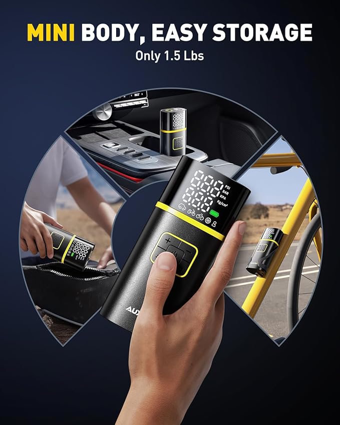 AUXITO Tire Inflator Portable Air Compressor - 150PSI Bike Pump 1Min Fast Inflate with Tire Pressure Gauge, LED Light & Car Accessories, Air Pump Tire Inflator for Auto, Motorcycle, Bike, Ball