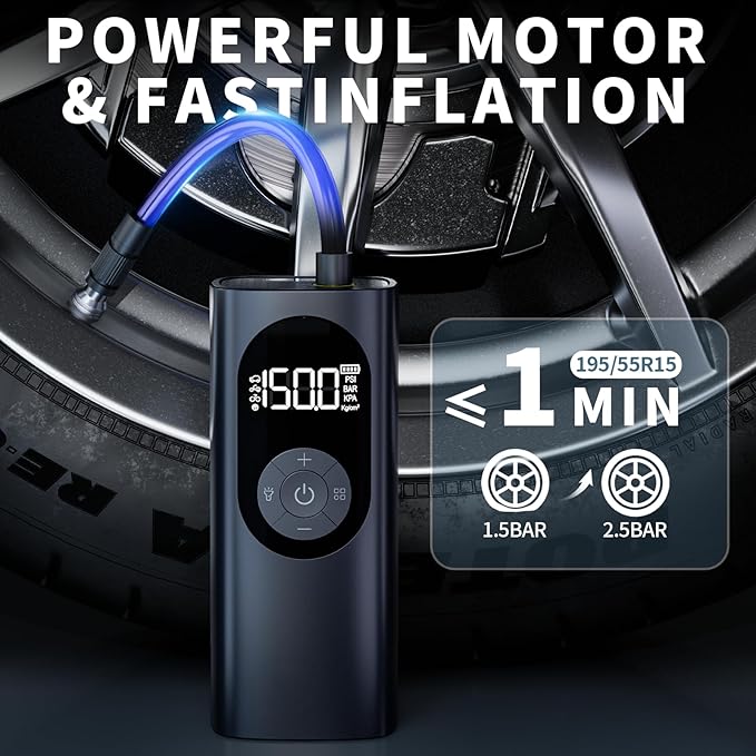 Tire Inflator Portable Air Compressor 150PSI Air Pump for Car Tires with Digital Pressure Gauge, Led Light, Auto Shut-Off, Portable Pump for Auto, Motorcycle, Bike, Balls and More