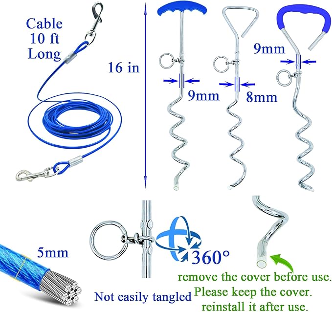 Dog Tie-Out Stake and Cable 30ft Heavy Duty Spiral Ground Stake Tethering Anchor Dog Leash Chain Rope Metal 360 Swivel Hook for Small Medium Large Dogs Outdoor (Simple Stake)