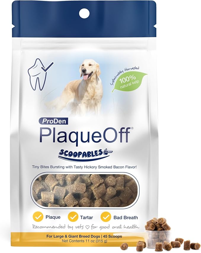 ProDen PlaqueOff Scoopables - Hickory Smoked Bacon Flavor Dental Bites for Large Dogs, Natural Kelp for Plaque & Tartar Control, Freshens Breath -Large & Giant Breed Dental Care- 45 Scoops
