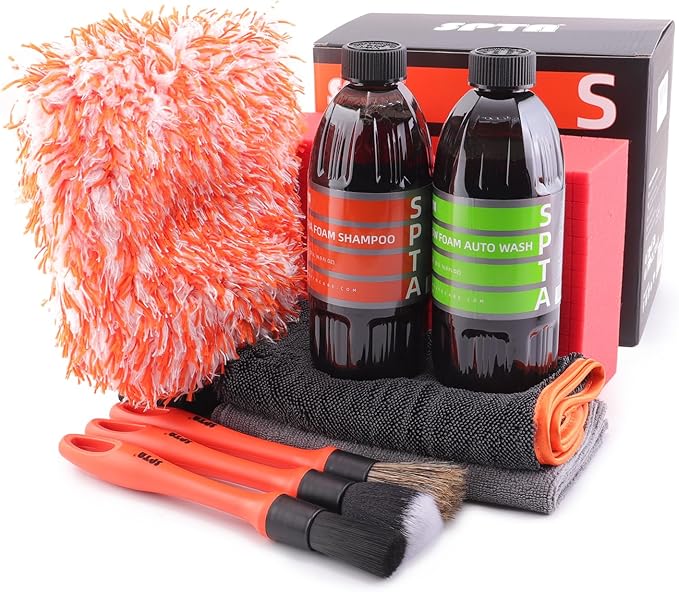 SPTA Car Wash Kit, Clean & Car Wash Kit (9 Items, Including 2-16oz. Car Wash Shampoo, 1Pc Microfiber Mitts,1Pc Red Car Wash Sponge, 2Pcs 16"x16" Microfiber Detail Towels and 3Pcs Car Detail Brush