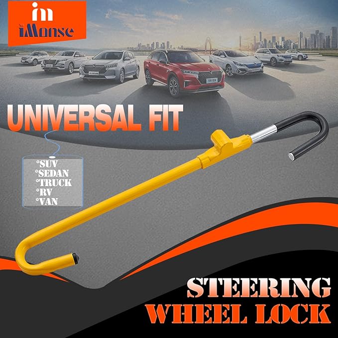 Steering Wheel Lock Anti-Theft Car Device, Steering Wheel Pedal Brake Lock Retractable Hook Car Security Products Universal Fit(Yellow)