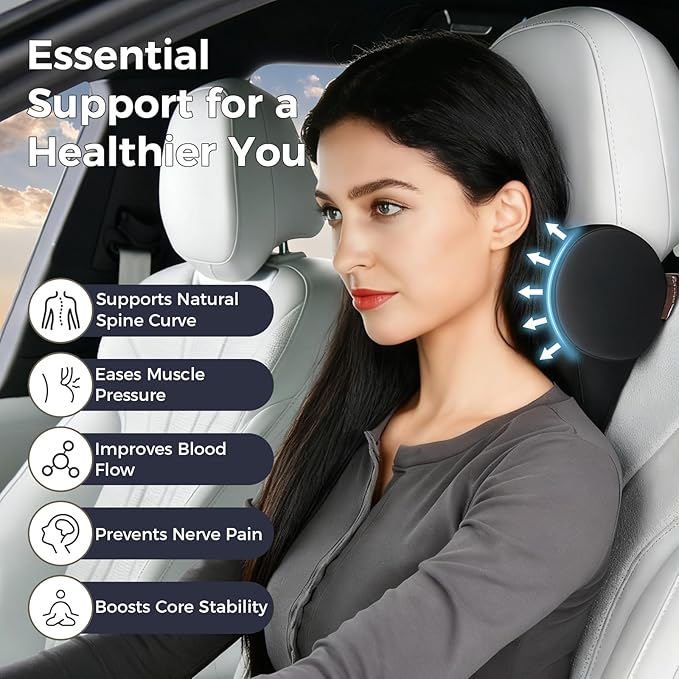 Coverado Car Headrest Pillow, Ergonomic Memory Foam Car Neck Pillow for Driving Seat with Adjustable Strap, Soft PU Leather Breathable Removable Cover Neck Support for Neck Pain Relief