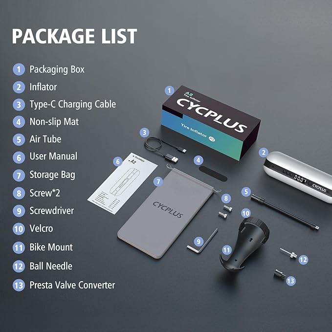 CYCPLUS Electric Air Compressor Portable Bicycle Pump Car Tire Inflator, Max 150 PSI, Auto Shut-Off Air Pump with Presta and Schrader Valves for All Bicycles Motorcycles and Cars