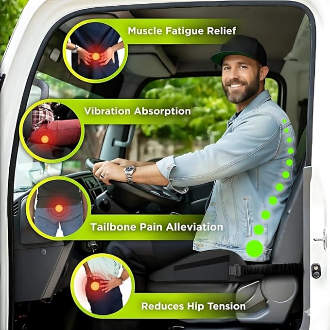 Large Truck Seat Cushion for Truck Driver Seat Cushion - Upgraded Back Support, CertiPUR-US® Certified - Thick Memory Foam, Pain Relief for Hours of Driving, Trucker Approved Big Rig - Black