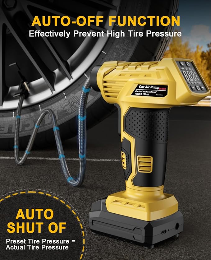 Tire Inflator Portable Air Compressor, 160PSI Large Full-Screen display Portable Air Pump with Digital Pressure Gauge, Rechargeable Battery Powered Portable Air Compressor with 12V DC Adapter