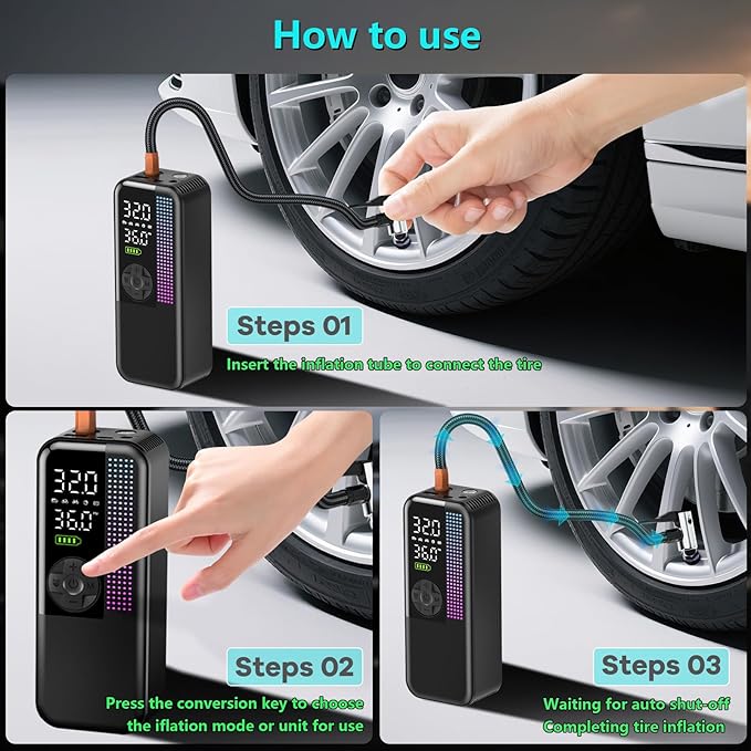Tire Inflator Portable Air Compressor, 150 PSI Cordless Air Pump, Dual Power 6000mAh, 12V DC Car Plug, Fast Inflation 24L/Min, Auto Shut-Off, LED Light, 4 Preset Modes for Car, Bike, Motorcycle, Balls