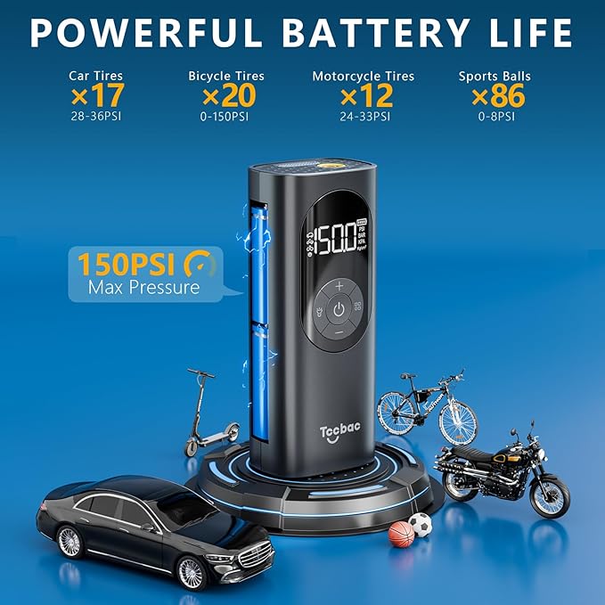 Tire Inflator Portable Air Compressor for Car,Large motor 2x Fast,Tccbac Bike Pumps with 150 PSI High Pressure Gauge and LED Light,Tire Pump Auto Shut-Off Electric Air Pump for Car Ball Motorcycle