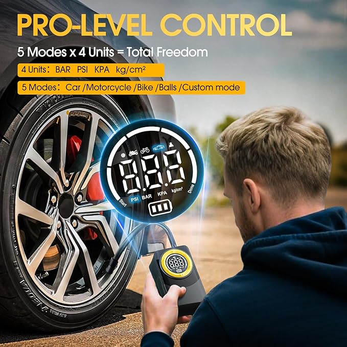 CARSUN Tire Inflator Portable Air Compressor, 150PSI Air Pump For Car Tires with Digital Pressure Gauge, LED Light and Auto Shut-Off Function Cordless Pump for Car, Motorcycle, Bicycle, Balls