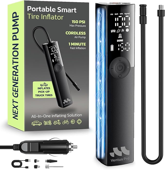 Woowind Premium Tire Inflator Portable Air Compressor, 2X Faster, 150PSI Air Pump For Car Tires, Tire Pump, with 12V DC Cord for Trucks & Off-Road Tires, Auto Shut-Off