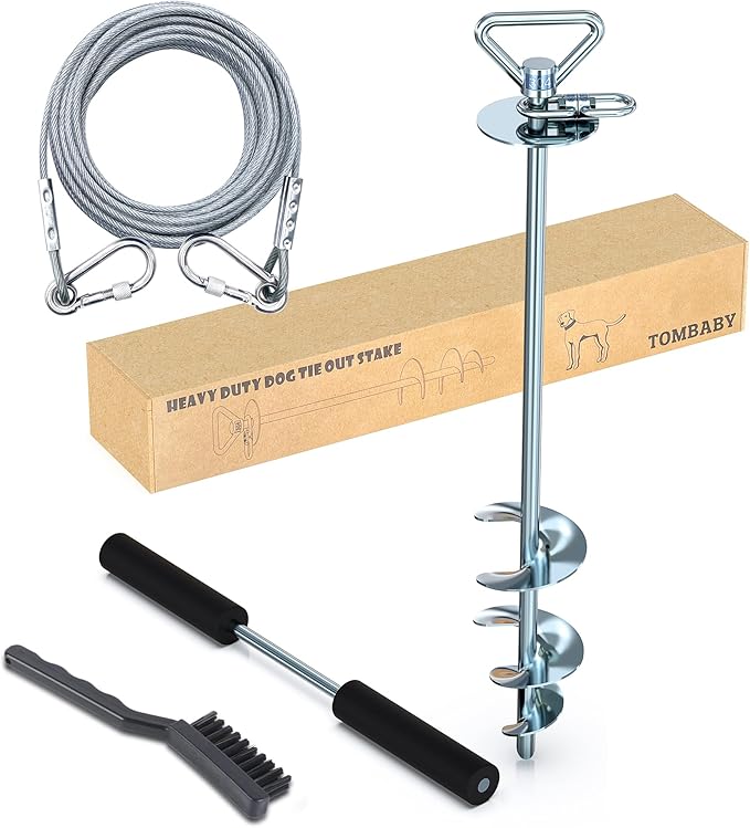 TOMBABY Dog Tie Out Cable and Stake,with 30FT Heavy Duty Cable,360° Swivel Dog Anchor& Anti-Tangle,Dog Runner for Yard,Dog Stake Allows Dogs Up to 210 lbs, Dog Stakes for Outside Beach,Camping, Yard