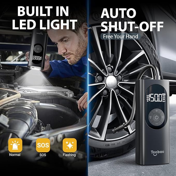 Tire Inflator Portable Air Compressor for Car,Large motor 2x Fast,Tccbac Bike Pumps with 150 PSI High Pressure Gauge and LED Light,Tire Pump Auto Shut-Off Electric Air Pump for Car Ball Motorcycle