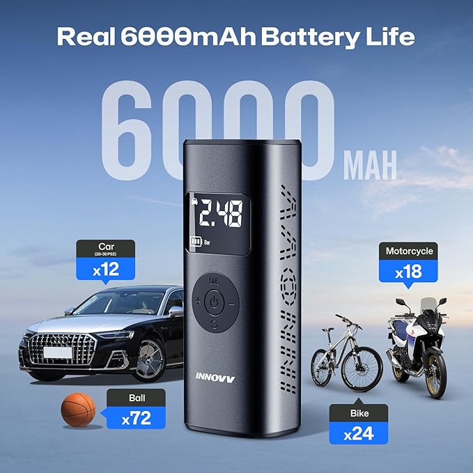 INNOVV P1 Aluminum Tire Inflator Portable Air Compressor, 3X Faster 150PSI Cordless Car Air Pump with Auto-Shutoff, Motorcycle Pumps with Tire Pressure Gauge, Electirc Tire Pump for Car, Bike, Ball