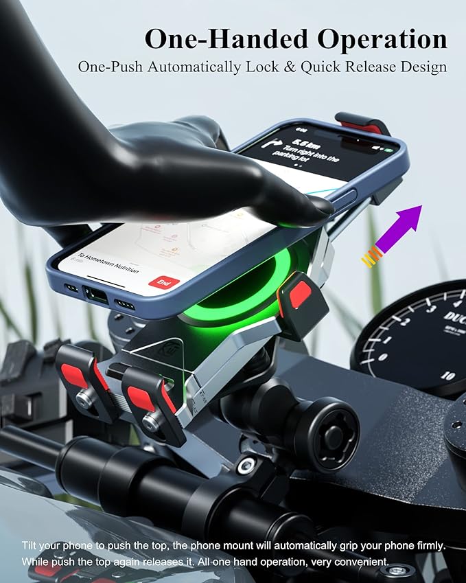 BRCOVAN Motorcycle Phone Mount with Qi 15W Wireless Charger & Vibration Dampener, Aluminum Alloy Anti-Theft Waterproof Motorcycle Handlebar Cellphone Holder, Adjustable Fit 4.7''-7.2'' Smartphones