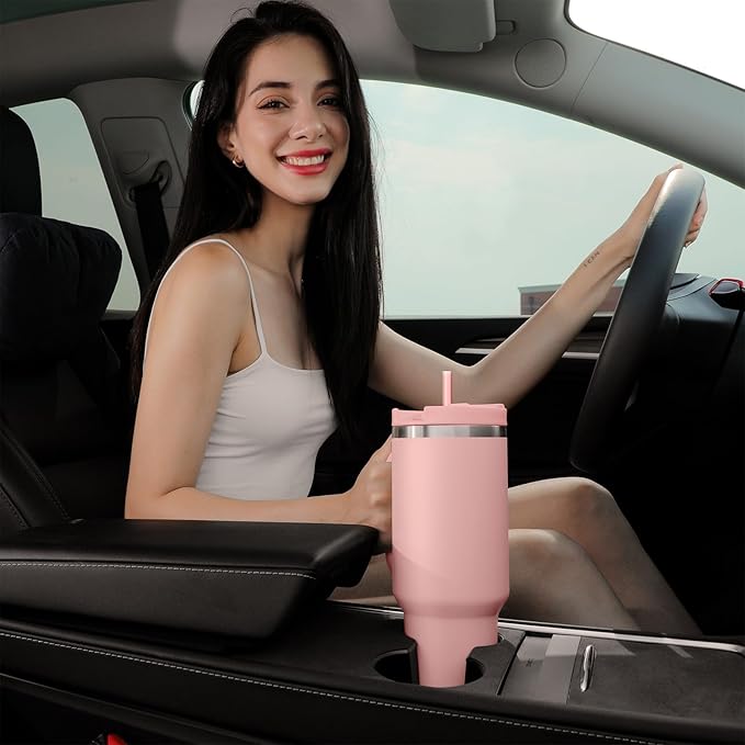 40oz Tumbler with Handle,Double Wall Vacuum Reusable Stainless Steel Insulated Water Bottle,With Leak Proof lid and Straw for Iced or Cold Beverages (light pink)