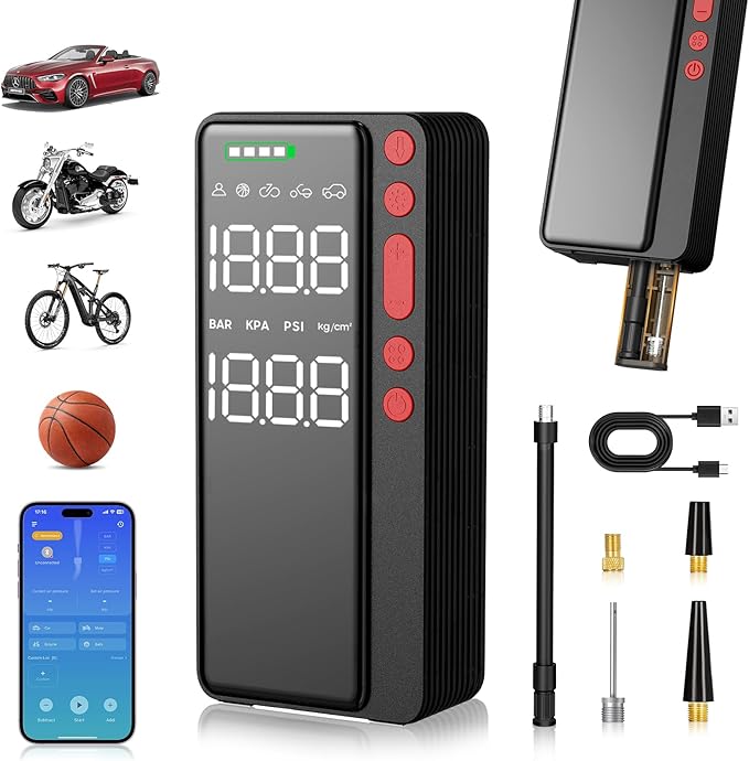 Tire Inflator Portable Air Compressor, 10000mAH&150PSI Smart APP Cordless Air Pump For Car Tires, Built-in Accessories Storage, Bike Pump with Digital Gauge&LED Light for Motorcycle, Ball