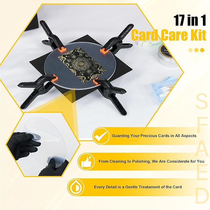 Card Care Clean Kit,17-in-1 Card Cleaning and Polishing Restoration Kit, Trading Card Cleaning Box with Cleaning Spray and Balck Nitrile Gloves, Suitable for Surface Card Care&Flatten Edges