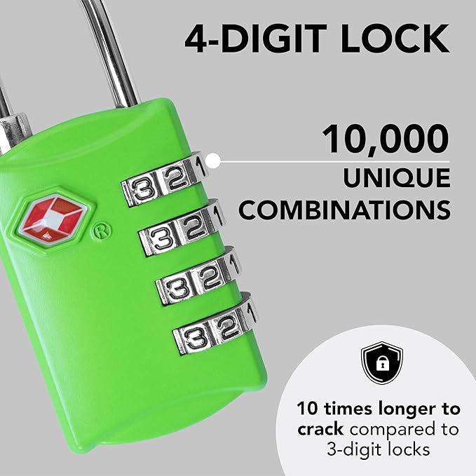 TSA Locks for Luggage, 2-Pc Durable Steel Padlock, Keyless Easy to Read 4-Digit Combination Lock for Backpacks, Travel Suitcases, Toolbox, Filing Cabinets, Baggage & Gym Locker, Green