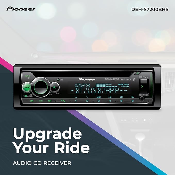 Pioneer DEH-S7200BHS 1-Din CD Receiver – Bluetooth, HD Radio, SiriusXM, USB/AUX, Color Change, FLAC, AM/FM, Detachable Face, 13-Band EQ, 50W x 4, Voice Control, Hi-Volt RCA Preouts