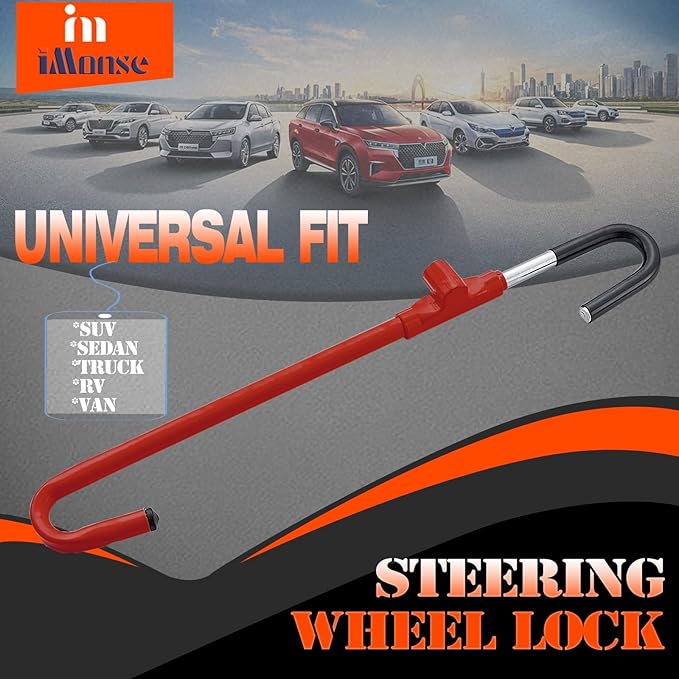 Steering Wheel Lock Anti-Theft Car Device, Steering Wheel Pedal Brake Lock Retractable Hook Car Security Products Universal Fit(Red)