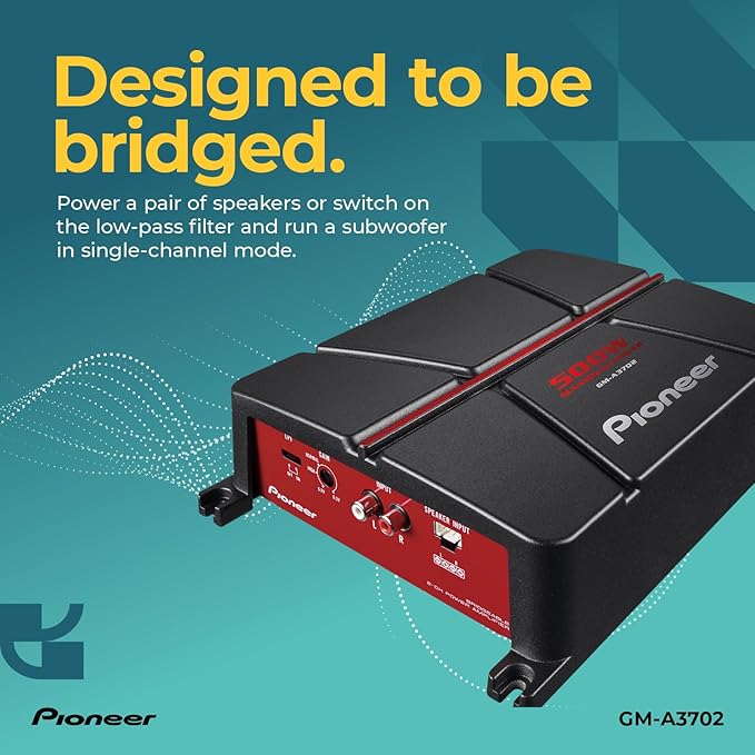 Pioneer GM-A3702 2-Channel Car Amplifier – 500W Max, Class AB, Bridgeable Design, Automatic Signal Sensing and Turn-on, Built-in high-/Low-Pass Filter