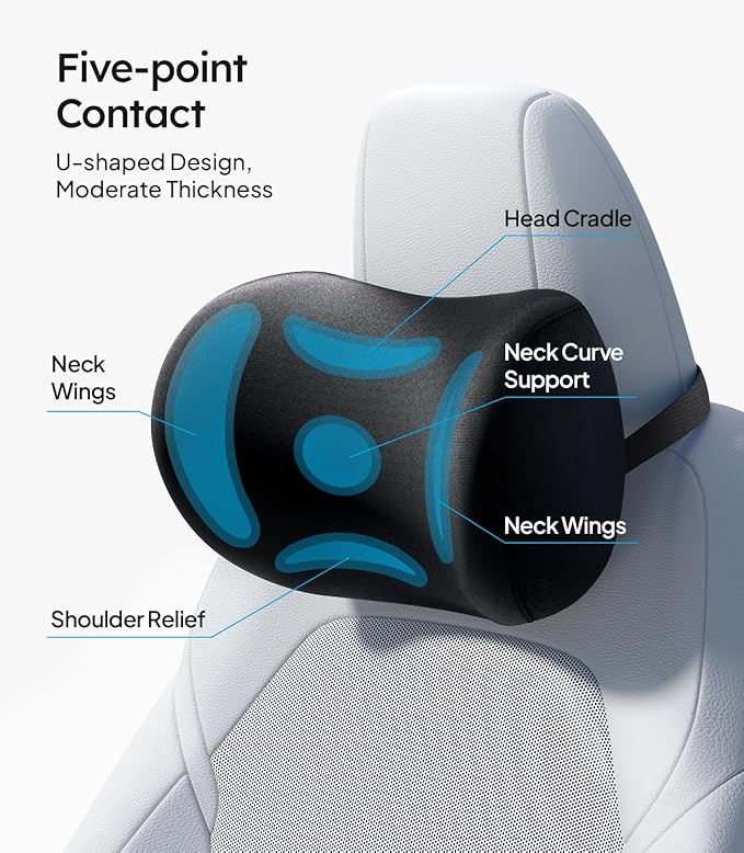 Wigoo 2025 Car Neck Pillow and Lumbar Support Pillow for Car Kit [Ergonomic Design, Pressure Relief] Soft Car Headrest Pillow Back Cushion with Adjustable Strap, Fits All Vehicles (Black)