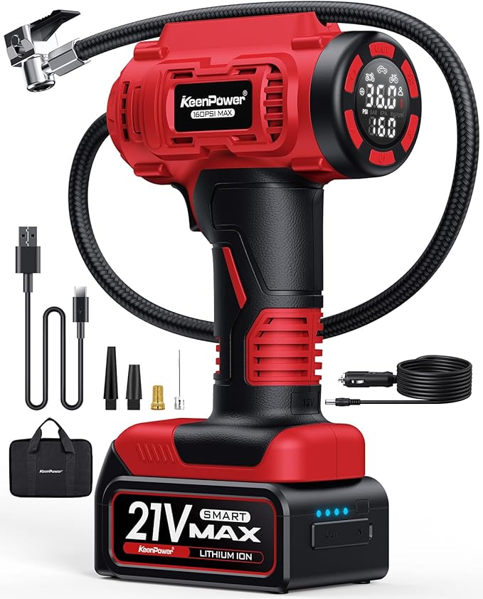 KeenPower Cordless Tire Inflator Portable Air Compressor, 160PSI Car Tire Air Pump, 21V Rechargeable Battery Powered Air Compressor, Dual Power, Larger HD Digital Gauge w/4+N Smart Modes (Red)