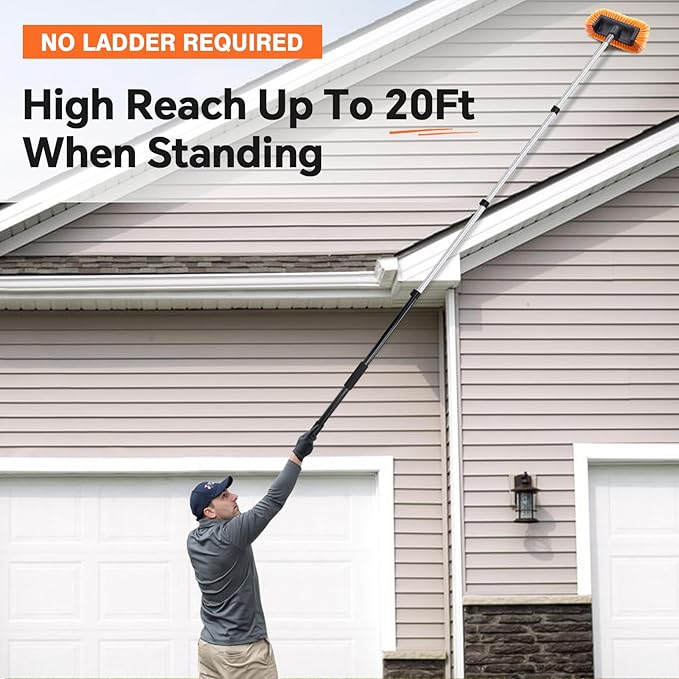 20ft Reach Car Wash Brush with Long Handle-Car Cleaning Kit with 4-12FT Extension Pole, Ultimate RV,Truck Wash Set with Soft Brush, Tire Brush, Window Squeegee, Mitt, Microfiber Cleaning Mop