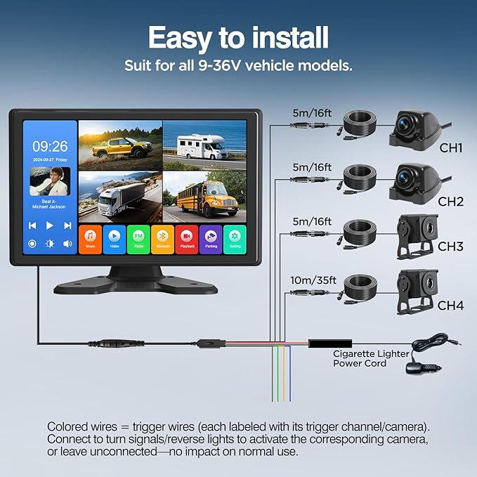 4 Channel Backup Camera System,Touchable 10.1 inch Monitor with DVR Loop Recording, IP69 Waterproof, Nightvision 1080P Camera for RV/Truck/Trailer Pickup, Wired (Cigarette Charger &128G)
