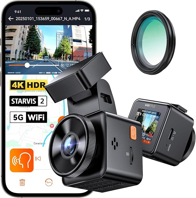 Vantrue E1 Pro 4K Mini Dash Cam Front, STARVIS 2 PlatePix HDR Night Vision Car Camera, Built-in 5G WiFi GPS, 1.54'' IPS Screen, Voice Control, 24/7 Buffered Parking Mode, Support 1TB Max