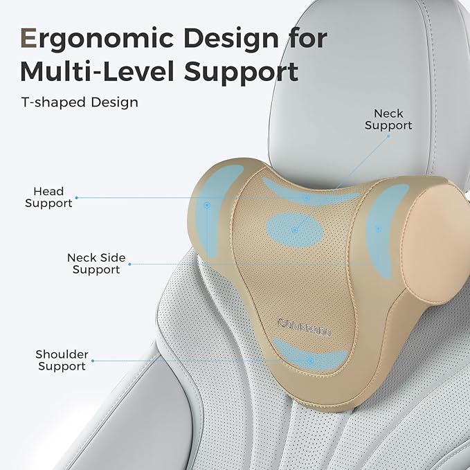 Coverado Car Headrest Pillow, Ergonomic Memory Foam Car Neck Pillow for Driving Seat with Adjustable Strap, Soft PU Leather Breathable Removable Cover Neck Support for Neck Pain Relief - Beige