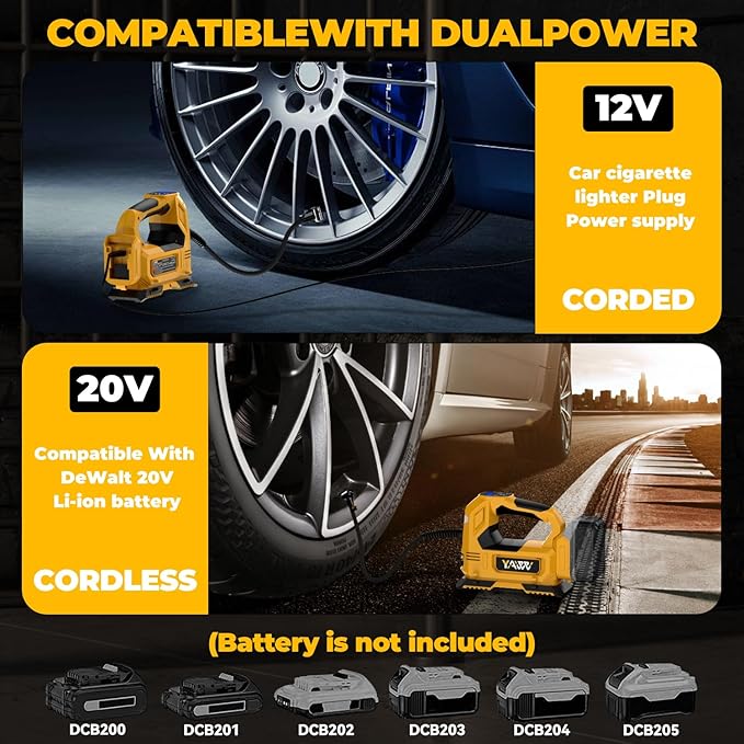Cordless Tire Inflator Air Compressor for Dewalt 20V Max Battery, 160PSI Portable LED Light Handheld Air Pump with Digital Pressure Gauge for Cars Motorcycles Bikes Sport Balls(Battery Not Included)