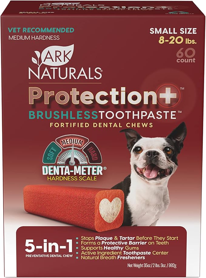 ARK NATURALS Protection+ Brushless Toothpaste, Dog Dental Chews for Small Breeds, Prevents Plaque & Tartar, Freshens Breath, 35oz, 1 Pack, Red