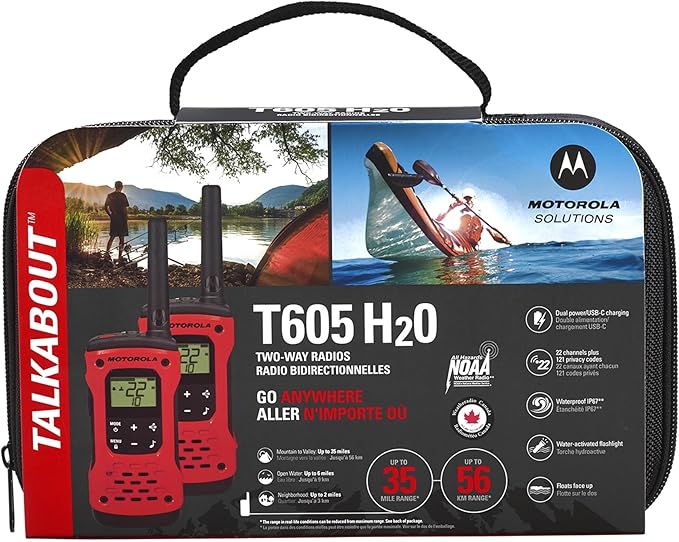 Motorola Solutions, Portable FRS, T605_H2O, Talkabout, Two Way Radios Waterproof Walkie Talkie Emergency Preparedness, Rechargeable, 22 Channel, 35 Mile, Orange W/Black, 2 Pack